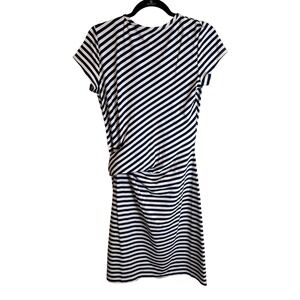 J McLaughlin Navy White Stripe Knit Tie Waist Short Sleeve Midi Dress M